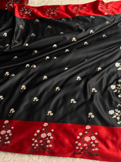 Black and red colour premium Banarasi Mashru katan silk saree MK323