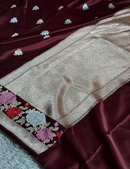 Maroon colour premium Banarasi tilfi Mashru katan silk saree MK217