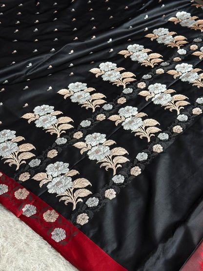 Black and red colour premium Banarasi Mashru katan silk saree MK297