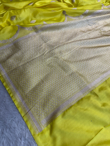 Lemon yellow premium Banarasi Mashru katan silk saree