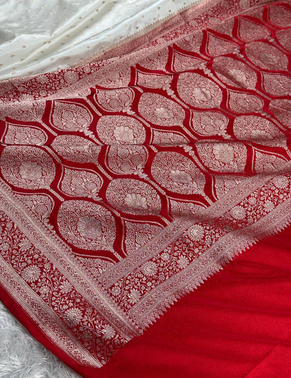 Red with off white colour premium banarasi mashru katan silk saree MK270
