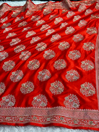 New masterpiece red colour premium Banarasi Mashru katan silk saree MKB101
