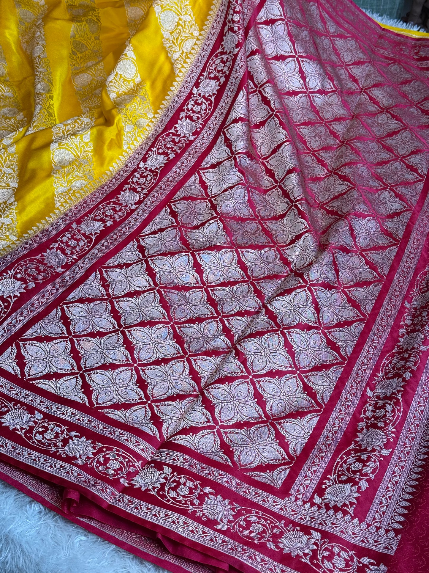 Yellow and cherry red premium Banarasi Mashru katan silk saree MK279