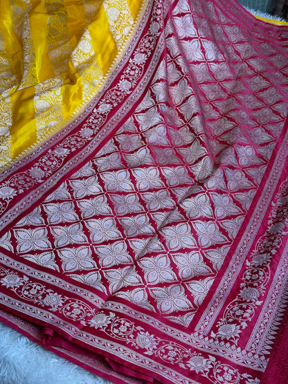 Yellow and cherry red premium Banarasi Mashru katan silk saree MK279