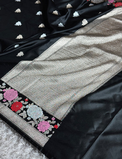 Black colour premium tilfi Mashru katan silk saree MK217