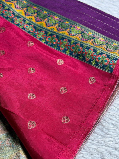 Purple color premium Banarasi pure soft satin pashmina silk saree PN101