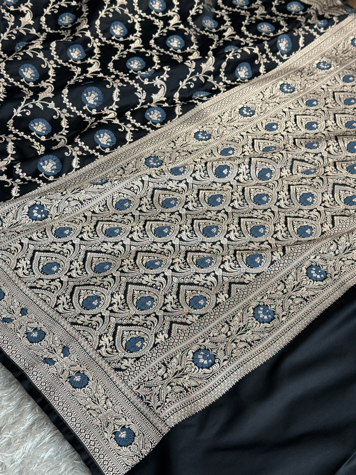 Black colour premium Banarasi minakari Mashru Katan silk saree MK344