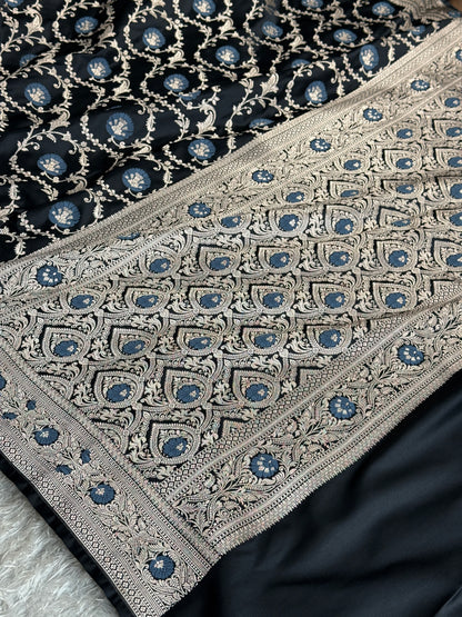 Black colour premium Banarasi minakari Mashru Katan silk saree MK344
