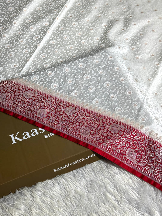 Red and off white luxury premium Banarasi Mashru katan silk saree MK248