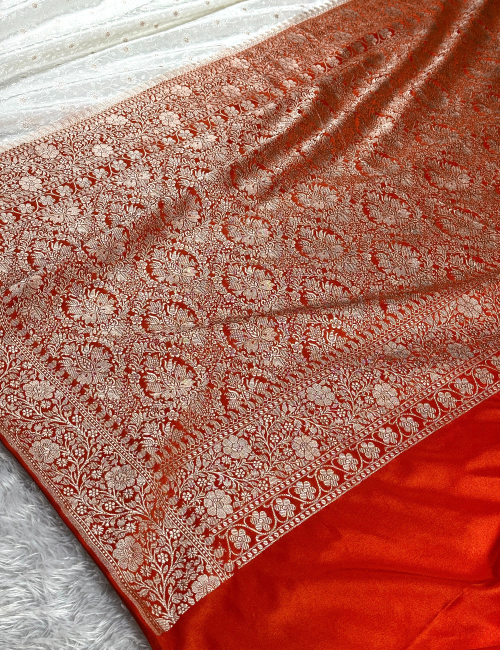 Orange with off white premium Banarasi tanchui Mashru katan silk saree MK248