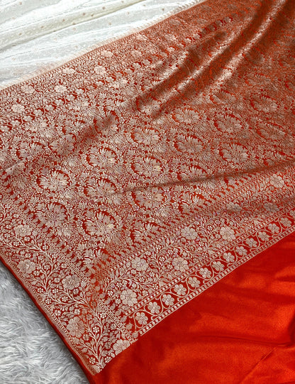 Orange with off white premium Banarasi tanchui Mashru katan silk saree MK248