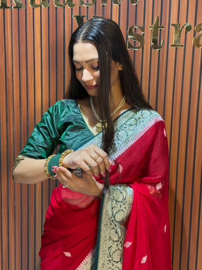 Red with bottle green colour premium Banarasi pure khaddi chiffon silk saree KC102