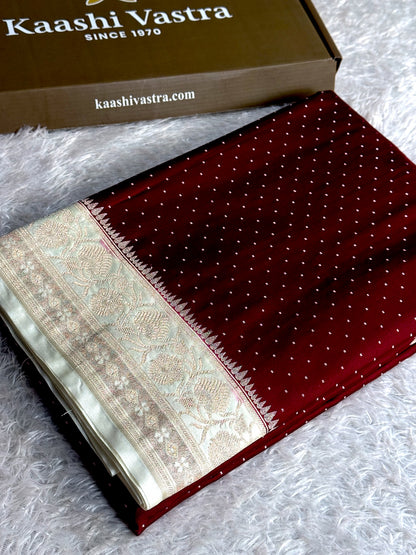Maroon with off white colour premium Banarasi Mashru katan silk saree MK355
