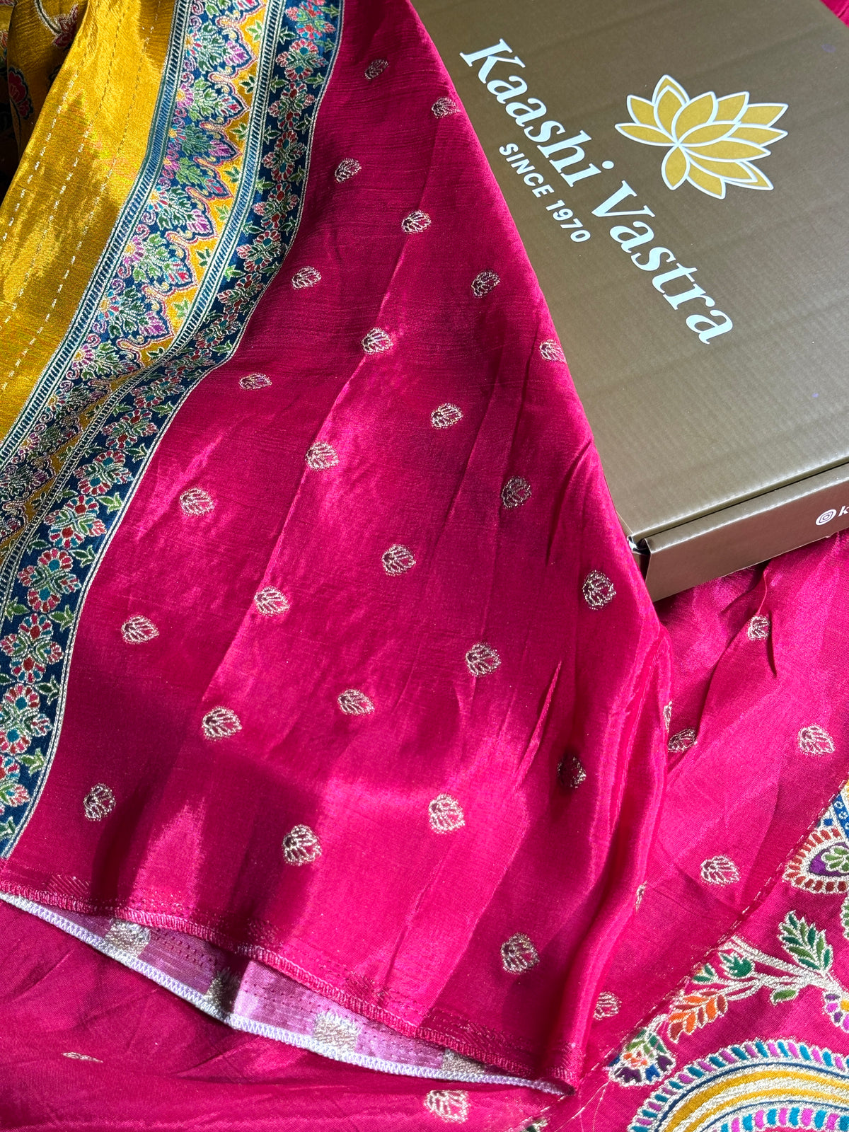 Mustard color premium Banarasi pure soft satin pashmina silk saree PN101