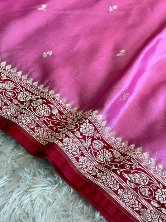 Pink with cherry red premium Banarasi Mashru katan silk saree MK281