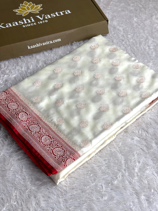 Off white with red premium Banarasi Mashru katan silk saree MK290