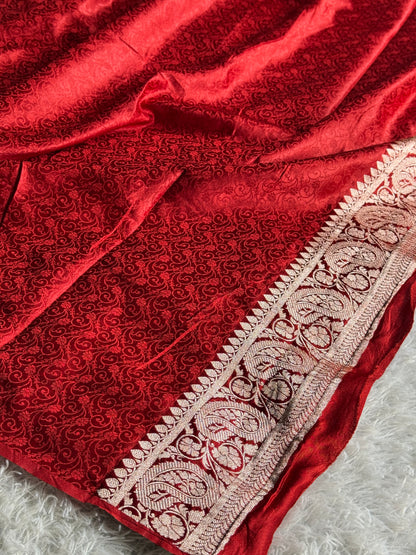 Cream with red colour premium Banarasi Mashru katan silk saree MK287