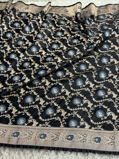 Black colour premium Banarasi minakari Mashru Katan silk saree MK344