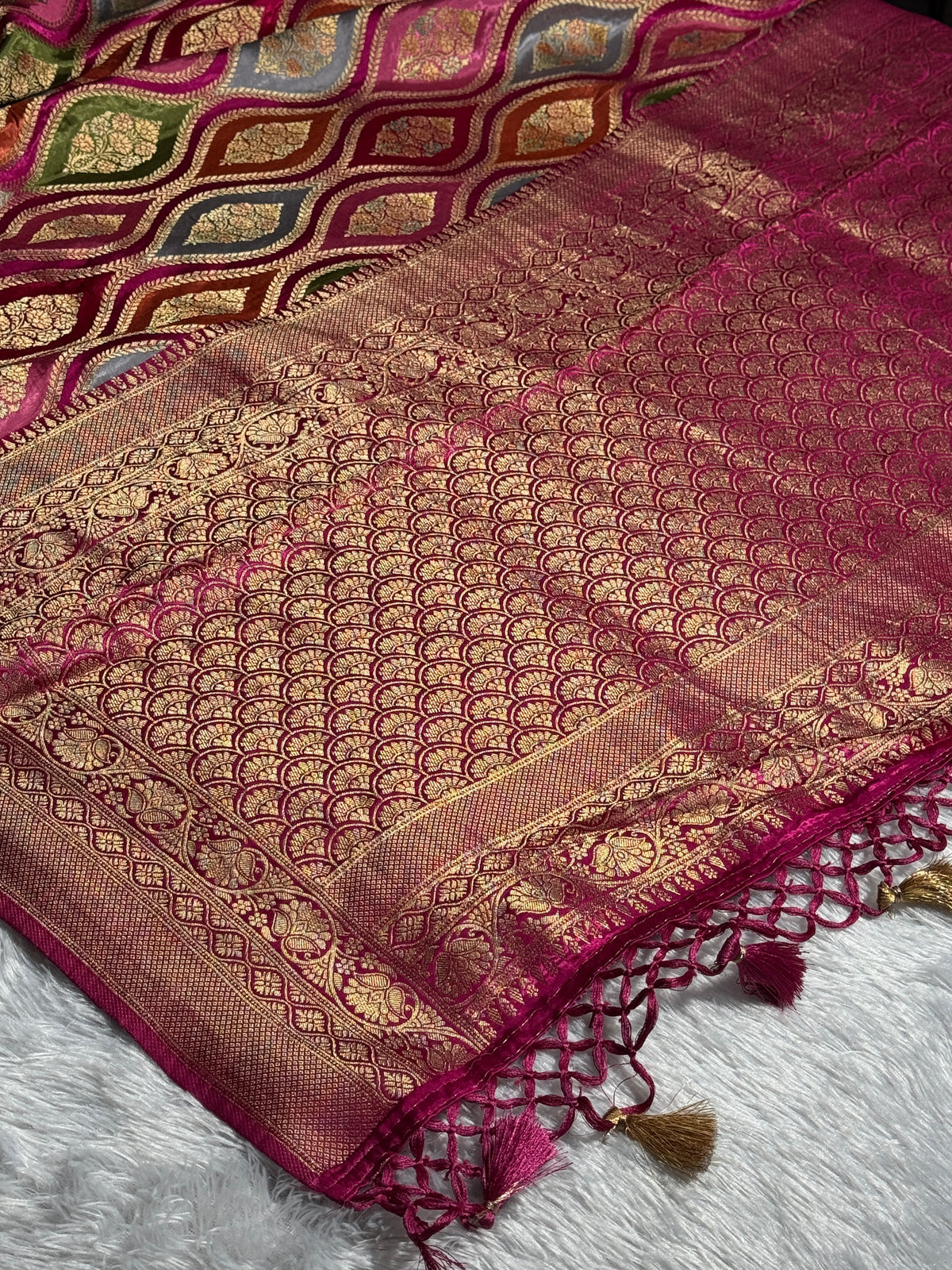 Hot pink rangkat Banarasi pure soft satin pashmina silk saree PM105