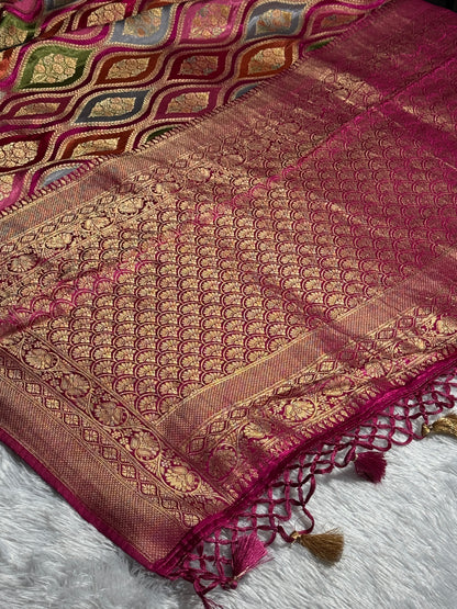Hot pink rangkat Banarasi pure soft satin pashmina silk saree PM105