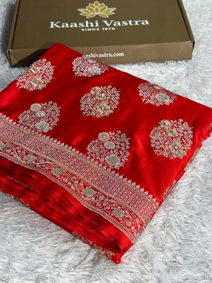 New masterpiece red colour premium Banarasi Mashru katan silk saree MKB101