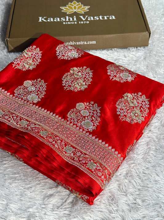 New masterpiece red colour premium Banarasi Mashru katan silk saree MKB101