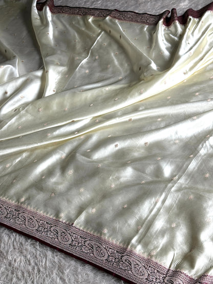 Off white with brown colour premium Banarasi Mashru katan silk saree MK287