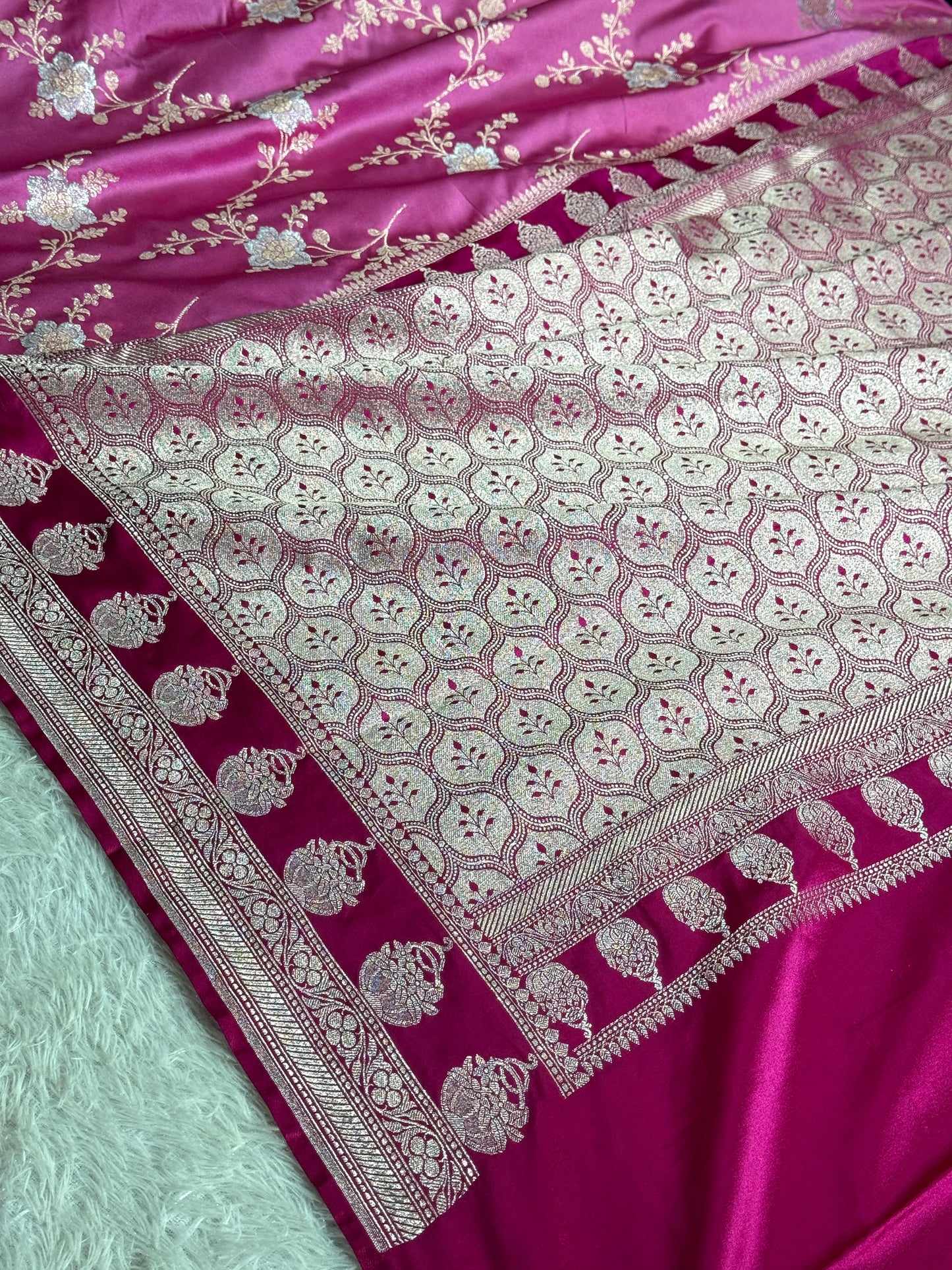 Hot pink and light pink premium Banarasi Mashru katan silk saree MK258