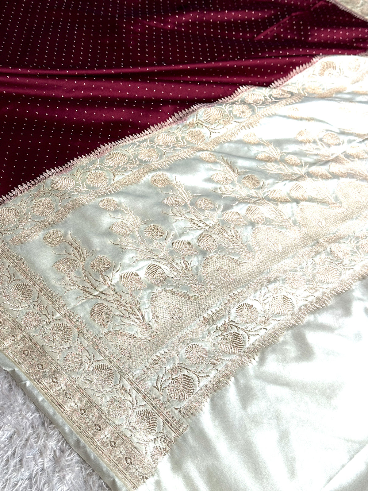 Maroon with off white colour premium Banarasi Mashru katan silk saree MK355