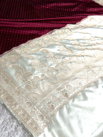 Maroon with off white colour premium Banarasi Mashru katan silk saree MK355
