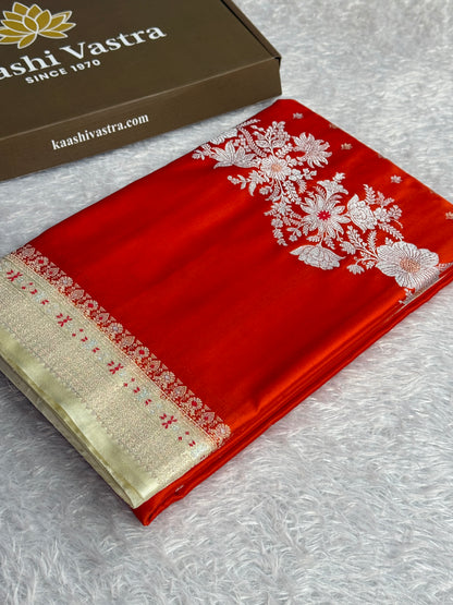 Orange with off white colour premium Banarasi Mashru katan silk saree MK312