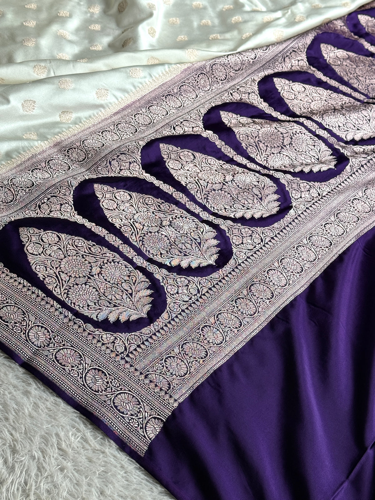 Off white with purple colour premium Banarasi Mashru katan silk saree MK290
