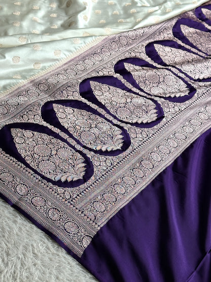 Off white with purple colour premium Banarasi Mashru katan silk saree MK290