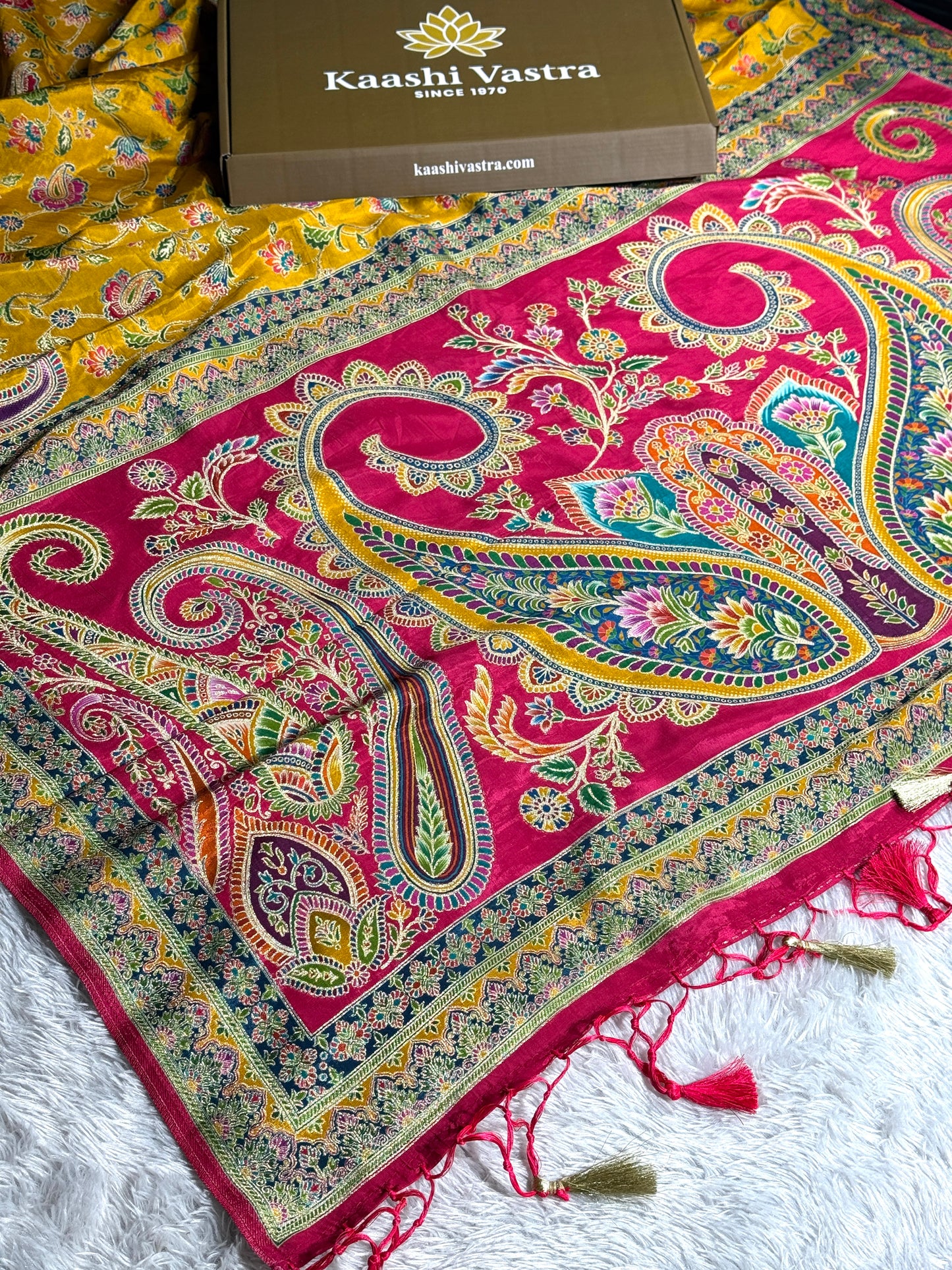 Mustard color premium Banarasi pure soft satin pashmina silk saree PN101
