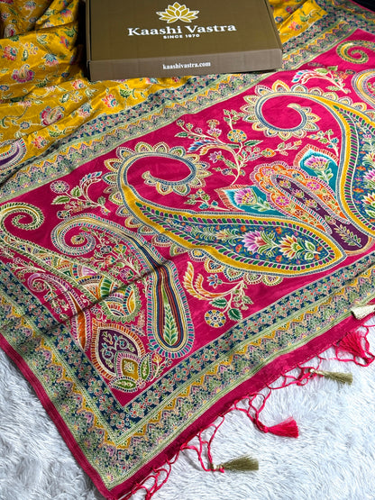 Mustard color premium Banarasi pure soft satin pashmina silk saree PN101