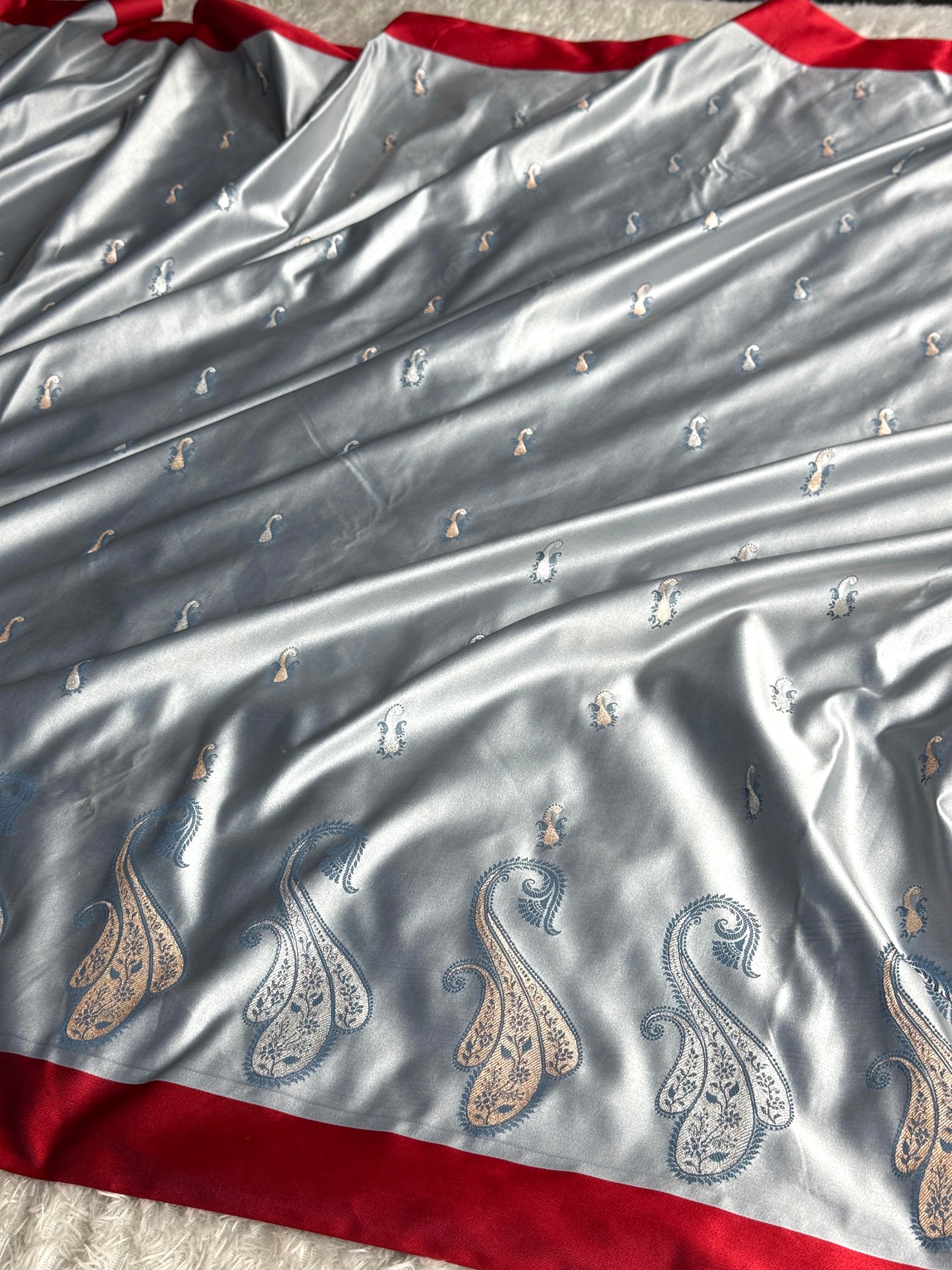 Grey with red premium Banarasi Mashru katan silk saree MK283