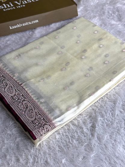 Off white with brown colour premium Banarasi Mashru katan silk saree MK287