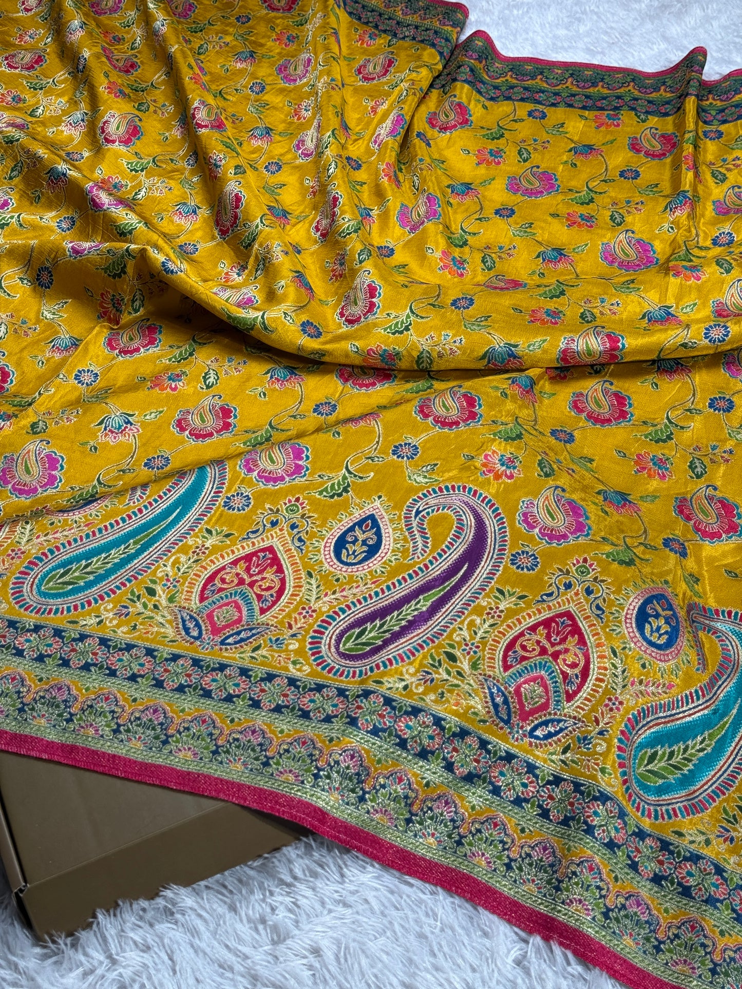 Mustard color premium Banarasi pure soft satin pashmina silk saree PN101