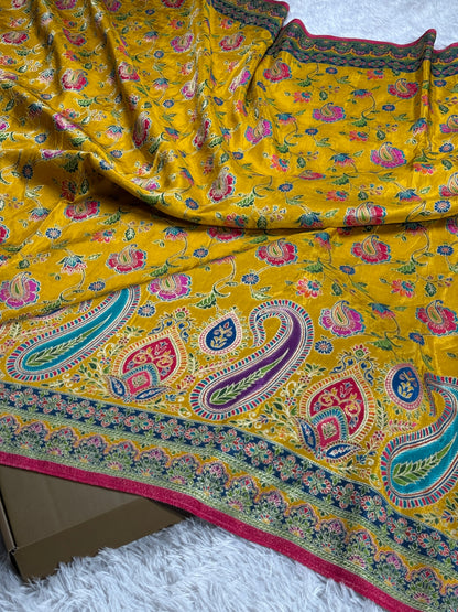 Mustard color premium Banarasi pure soft satin pashmina silk saree PN101