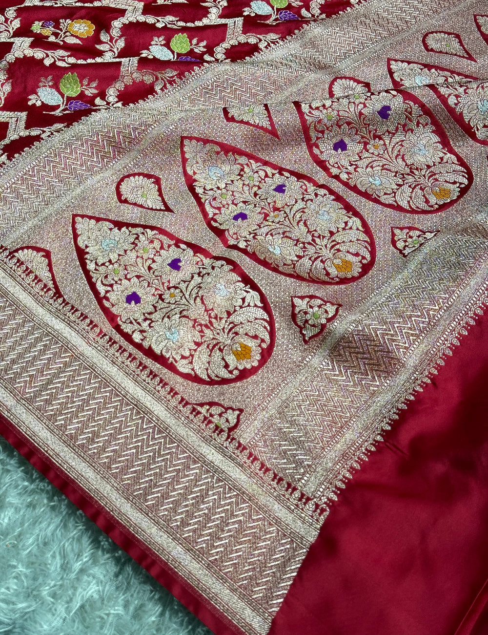 Cherry red premium Banarasi tilfi Mashru katan silk saree MK268