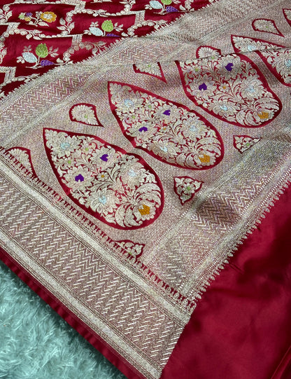 Cherry red premium Banarasi tilfi Mashru katan silk saree MK268
