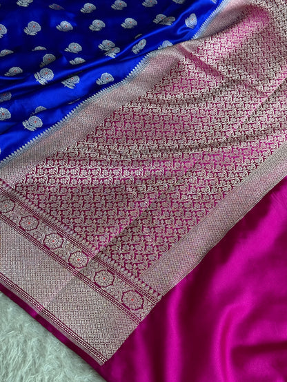 Royal blue with rani pink premium Banarasi Mashru katan silk saree MK282