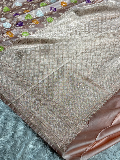 Beige colour premium Banarasi tilfi Mashru katan silk saree MK194