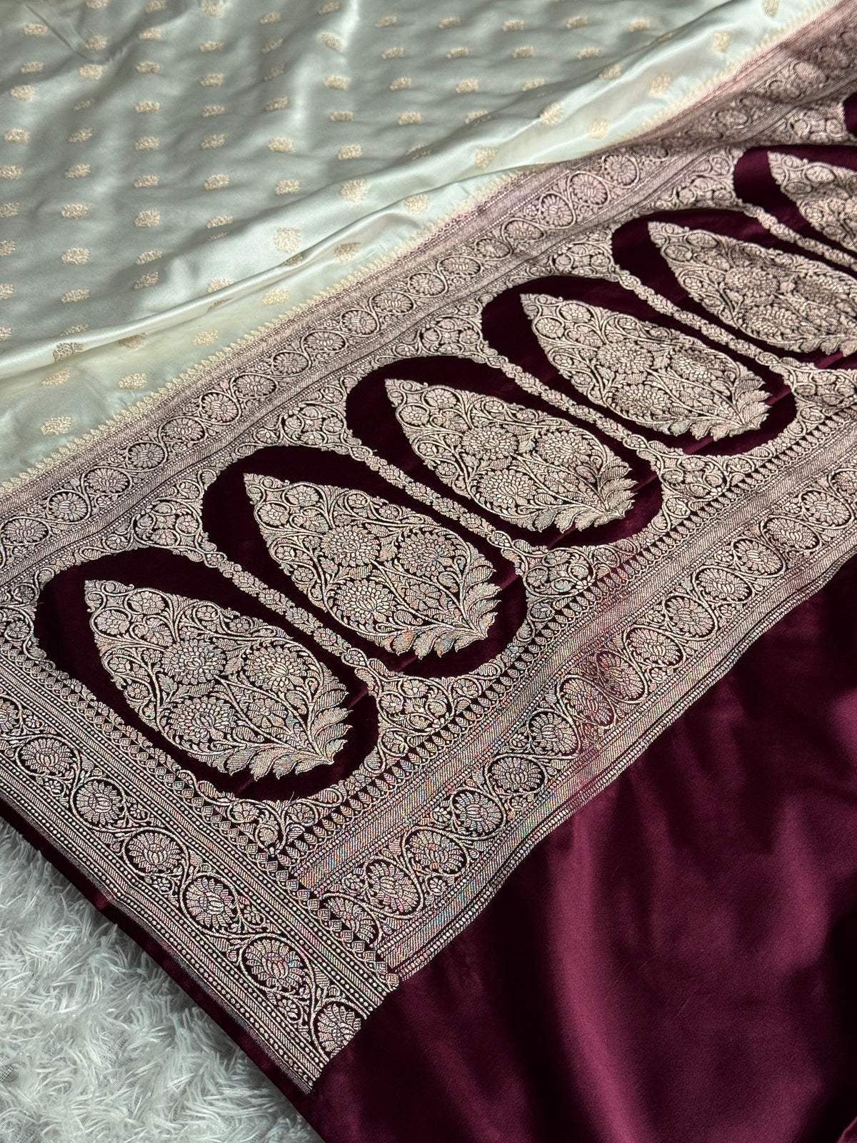 Wine with off white colour premium Banarasi Mashru katan silk saree MK290