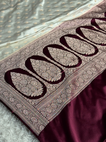 Wine with off white colour premium Banarasi Mashru katan silk saree MK290