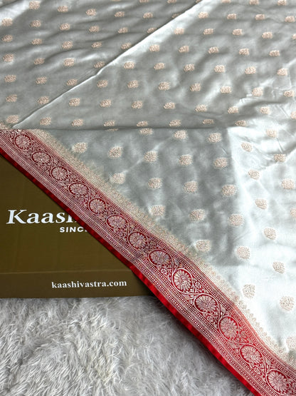 Off white with red premium Banarasi Mashru katan silk saree MK290