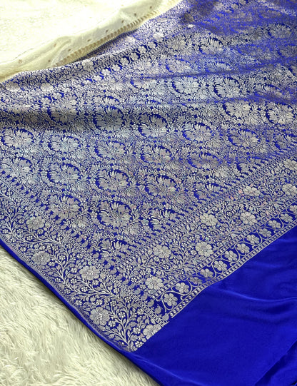 Royal blue with off white premium Banarasi tanchui mashru katan silk saree MK248