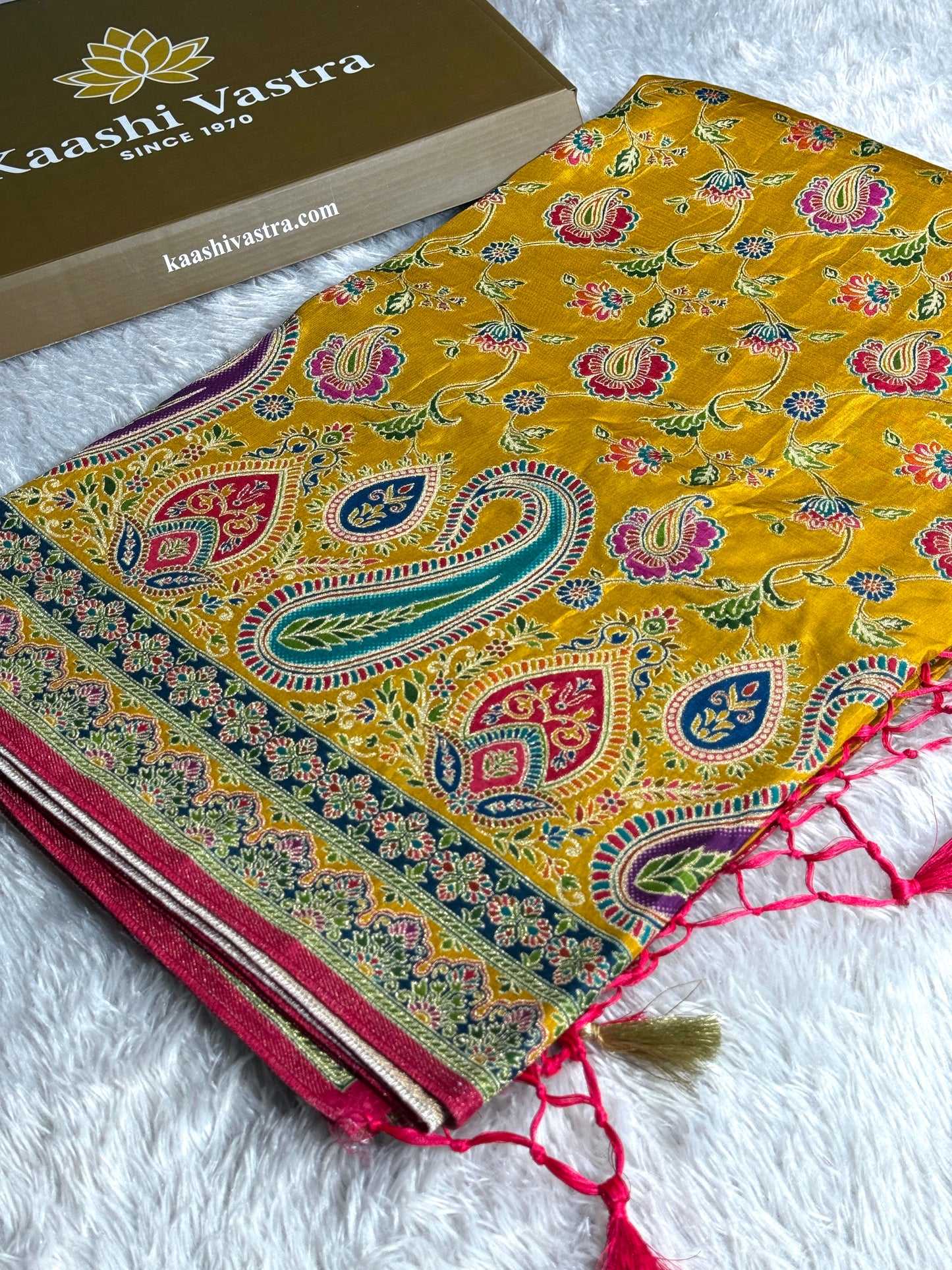 Mustard color premium Banarasi pure soft satin pashmina silk saree PN101