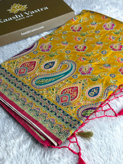 Mustard color premium Banarasi pure soft satin pashmina silk saree PN101