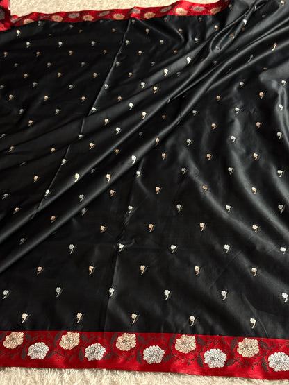 Black and red colour premium Banarasi Mashru katan silk saree MK297